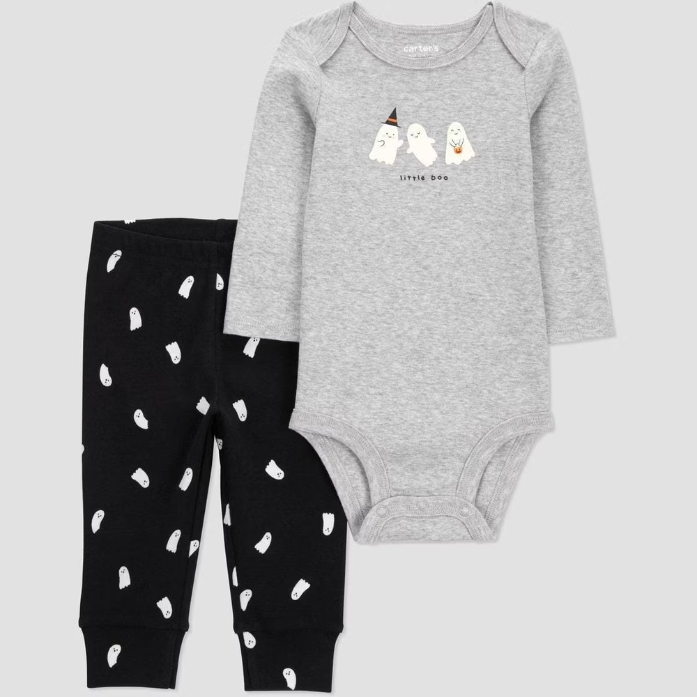 Carters Just One You Baby 3M Ghost Boo Crew 2pc Bodysuit Pant Set Gray Halloween